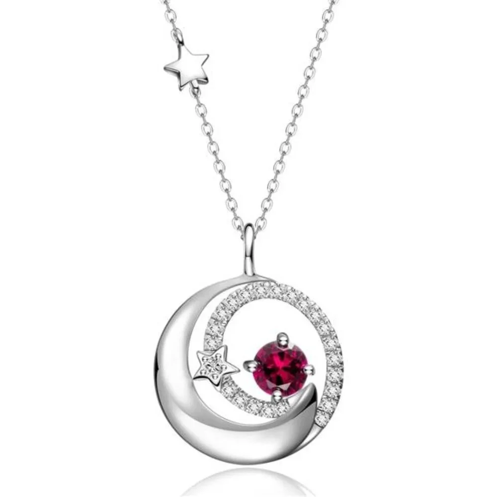 Sterling Silver Moon and Star Necklace Ruby Birthstone Jewelry Gift for Women